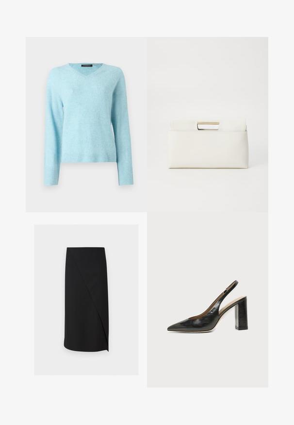 Pull en maille douce texturée bleu clair avec col en V. Manches longues avec poignets et ourlet côtelés. Design simple et sans ornements.; Jupe crayon noire longueur genou avec un détail de recouvrement asymétrique à l'avant sur fond blanc.; Chaussure slingback en cuir noir à bout pointu avec un talon bloc haut et une doublure intérieure beige sur un fond clair uni.; Furla GIADA POUCH - Pochette - panna