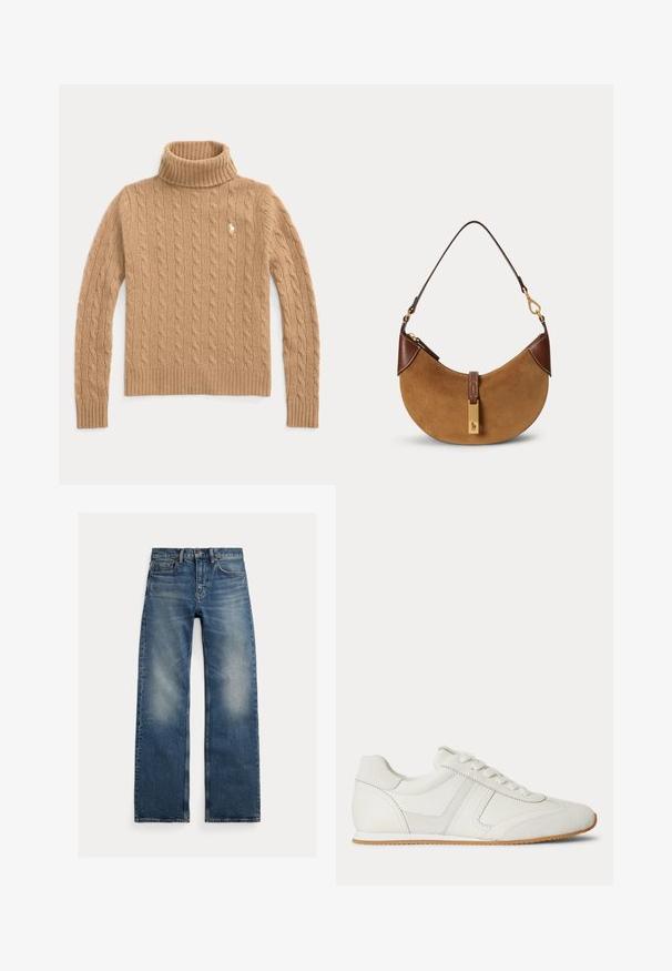 Pull col roulé en maille torsadée couleur camel, manches longues et poignets côtelés, avec un petit logo brodé sur la poitrine.; Jeans bleu droit avec zones décolorées aux cuisses, conception cinq poches et fermeture à boutons, posés à plat sur fond blanc.; Baskets basses blanches avec laçage à l'avant, panneaux en daim et cuir, et une semelle en caoutchouc marron clair sur fond blanc.; Sac à main demi-lune en daim marron avec des accents en cuir marron foncé, des ferrures dorées et une courte bandoulière.