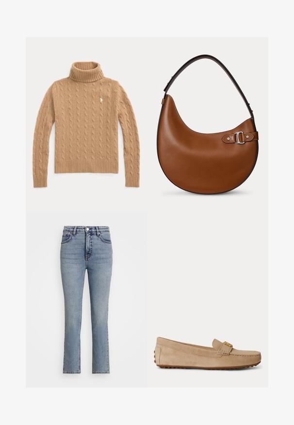 Pull col roulé en maille torsadée couleur camel, manches longues et poignets côtelés, avec un petit logo brodé sur la poitrine.; Jeans en denim bleu clair avec une taille haute, des jambes droites et un léger usure. Comprend un bouton en métal et des coutures contrastées.; Mocassin beige en daim à enfiler avec des détails cousus, une boucle en métal doré sur le dessus et une semelle en caoutchouc avec des crampons antidérapants.; Sac à main en cuir marron en forme de croissant avec une bandoulière épaisse et une boucle argentée d'un côté, sur un fond clair uni.