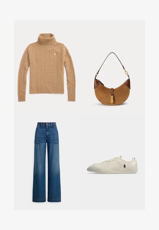 Pull col roulé en maille torsadée couleur camel, manches longues et poignets côtelés, avec un petit logo brodé sur la poitrine.; Jean taille haute à jambes larges en denim bleu moyen. Comprend des poches plaquées à l'avant et des coutures apparentes. Texture lisse et douce.; Baskets en cuir crème à profil bas, avec fermeture à lacets à l'avant, semelle texturée et logo noir du joueur de Polo sur le côté.; Sac à main demi-lune en daim marron avec des accents en cuir marron foncé, des ferrures dorées et une courte bandoulière.