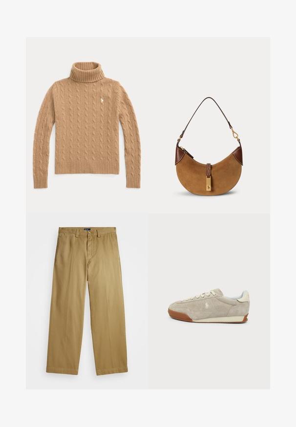 Kamelfarvet kabelstrikket rullekrave sweater med lange ærmer og ribstrikkede manchetter, med en lille broderet logo på brystet.; Polo Ralph Lauren COTTON CHINO STRAIGHT LEG TROUSER - Chino - khaki; Beige ruskind sneaker med hvide snørebånd, brun gummisål og lille broderet logo på siden, set fra ydersiden.; Brun ruskind halv-måne taske med mørkebrune læderdetaljer, guldfarvet hardware og kort skulderrem.