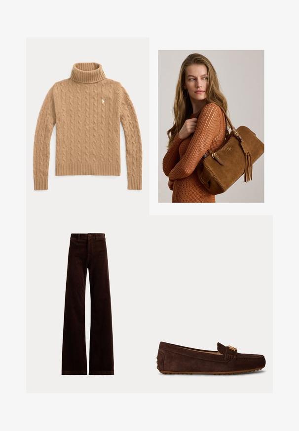 Camelkleurige kabelgebreide coltrui met lange mouwen en geribde boorden, met een klein geborduurd logo op de borst.; Donkerbruine wijdvallende ribfluwelen broek met lussen voor een riem en een knoopsluiting aan de voorkant op een effen achtergrond.; Bruine suède loafer met mocassin-neus, gouden gespdetail op de band en rubberen zool met nopjes voor grip.; Vrouw met lang haar die een roestkleurige gebreide top draagt, houdt een bruine suède handtas met gouden beslag en kwastjes op haar schouder.