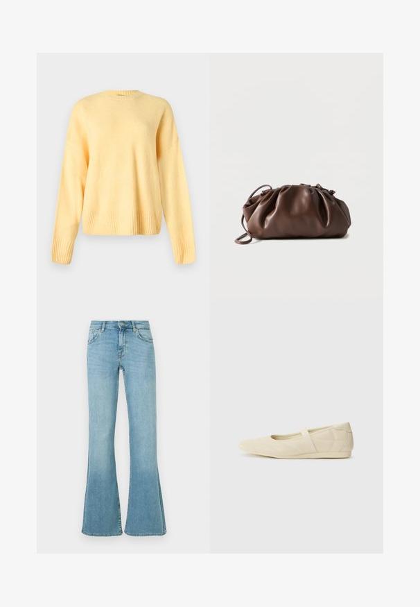 Pull jaune doux à manches longues avec col rond côtelé, poignets et ourlet, présenté sur un fond gris clair uni.; Jean en denim bleu clair à taille haute, fermeture avant par bouton et zip, poches avant et arrière, et jambes évasées.; Ballerines beiges avec une exterior en cuir lisse, un bout en forme d'amande et une sangle élastique sur le coup de pied, avec des détails de couture subtils.; Sacoche en cuir marron doux avec un haut froncé et une fine bandoulière, posée sur un fond blanc.