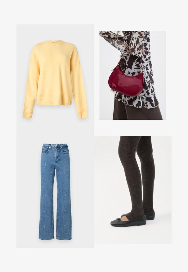Pull jaune doux à manches longues avec col rond côtelé, poignets et ourlet, présenté sur un fond gris clair uni.; Jeans bleu taille haute à jambes droites avec de petites broderies florales blanches éparpillées sur le tissu.; Jambes portant des leggings côtelés foncés associés à des ballerines noires avec de petits détails en nœud sur fond blanc.; Femme portant un chemisier à motif noir et blanc tenant un sac à main rouge brillant sur un fond uni.