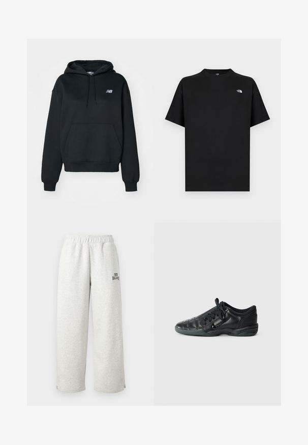 Sudadera negra de mezcla de algodón, con bolsillo tipo canguro, capucha con cordón y logo bordado en el lado izquierdo del pecho.; Camiseta negra de manga corta hecha de algodón con cuello redondo. Presenta un pequeño logo blanco en el pecho izquierdo y un ajuste estándar.; Pantalones deportivos gris claro hechos de material suave, con una cintura elástica y un pequeño logo negro de "New Balance" en el costado.; Zapatilla deportiva de cuero negro con un diseño acolchado, punta redondeada, cordones en la parte delantera y suela de goma. Presenta un sutil logotipo en el lateral.