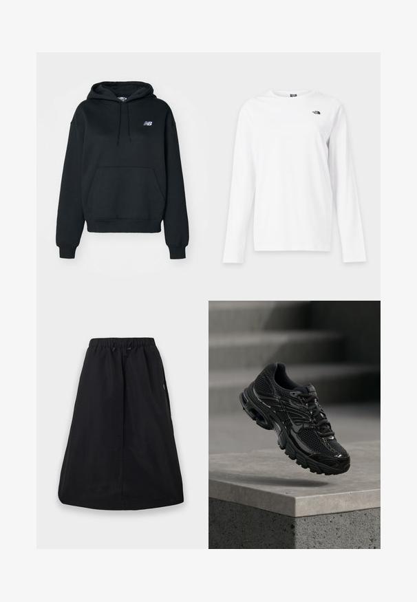 Zwarte hoodie gemaakt van een katoenmix, met een kangoeroezak, capuchon met trekkoord en geborduurd logo op de linkerkant van de borst.; Wit shirt met lange mouwen en ronde hals met klein zwart The North Face-logo op de linkerborst.; Zwarte A-lijn rok met elastische tailleband en verstelbare trekkoord, knielengte, effen ontwerp met zijzakken.; Zwarte Nike hardloopschoen met mesh en synthetische bovenkant die boven een betonnen oppervlak en trappen op de achtergrond zweeft.