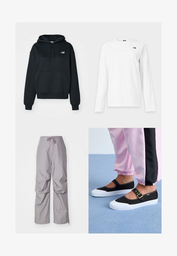 Sudadera negra de mezcla de algodón, con bolsillo tipo canguro, capucha con cordón y logo bordado en el lado izquierdo del pecho.; Camiseta blanca de manga larga con cuello redondo y pequeño logo negro de The North Face en el lado izquierdo del pecho.; Pantalones grises de corte suelto, hechos de una tela ligera, con cinturilla ajustable y puños ajustados con cremalleras. Acabado texturizado.; Zapatillas de lona negras con suela blanca, con un diseño recortado y una correa con hebilla dorada. Combinadas con pantalones de chándal rosas.