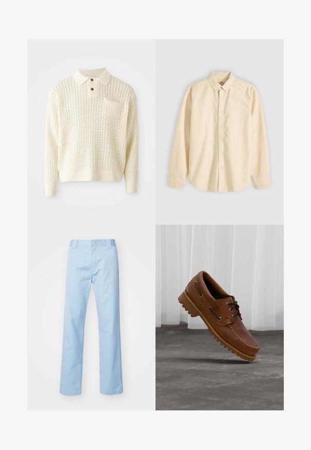 Lyscreme strikket pullover med et tekstureret mønster, to-knap strop og en brystlomme. Har ribbede manchetter og kant.; Langærmet beige skjorte med knapper og krave, lagt fladt med knapperne lukket og manchetterne knappede på en lys baggrund.; Lyseblå lige bukser lavet af en blanding af bomuldsstof. Har en flad frontlinning, sidelommer og ingen synlige mønstre eller udsmykninger.; Brun læder bådsko med sorte snørebånd, beige syninger og en robust sål, hængende over en grå betongulv.