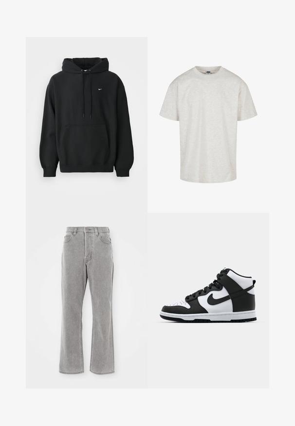 Sort Nike hoodie med frontlomme, snor i hætten, ribbede manchetter og lille hvid Nike swoosh-logo på brystet.; Lys grå bomulds T-shirt med kortærmer, rund halsudskæring og afslappet pasform. Tekstureret stof med et subtilt meleret mønster.; Lys grå denim jeans med høj talje, flared ben og synlige syninger. Har forlommer og lynlås-lukning.; Sort og hvid høj-top sneakers med læderoverdel, perforeret tåboks, fremtrædende swoosh-logo og struktureret gummisål.