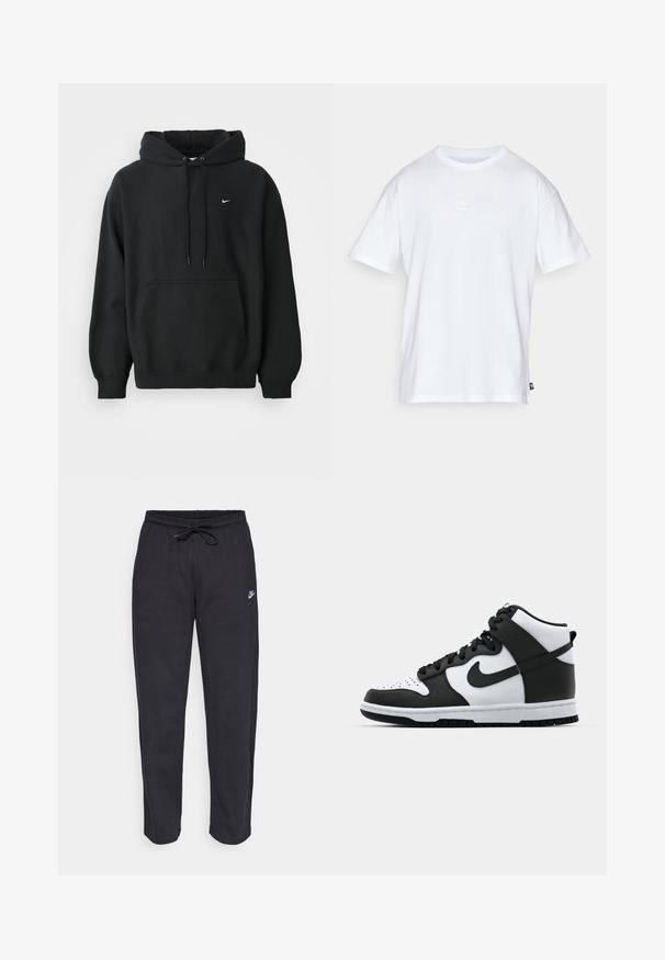 Sort Nike hoodie med frontlomme, snor i hætten, ribbede manchetter og lille hvid Nike swoosh-logo på brystet.; Hvid bomulds T-shirt med korte ærmer og rund hals. Har et lille, diskret Nike-logo på brystet og et sidelabel.; Sorte sweatpants lavet af blødt stof med elastisk talje, snøre og et lille Nike-logo på venstre lår.; Sort og hvid høj-top sneakers med læderoverdel, perforeret tåboks, fremtrædende swoosh-logo og struktureret gummisål.