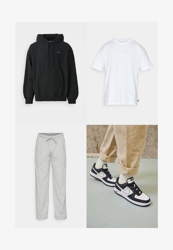 Schwarzer Nike Hoodie mit frontale Taschen, Kordelzugkapuze, gerippten Bündchen und kleinem weißen Nike Swoosh-Logo auf der Brust.; Weißes Baumwoll-T-Shirt mit kurzen Ärmeln und Rundhalsausschnitt. Verfügt über ein kleines, dezentes Nike-Logo auf der Brust und ein seitliches Etikett.; Helle graue Sweatpants aus weichem Stoff. Mit einem elastischen Bund und Kordelzug sowie dem schwarzen Nike-Logo auf dem linken Oberschenkel.; Schwarz-weiße Nike Air Force 1 Sneaker mit einem Obermaterial aus Leder, perforierter Zehenpartie und strukturiertem Sohlendesign, getragen mit aufgerollten beigen Hosen und weißen Socken.