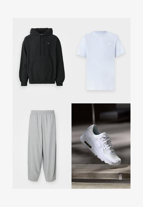 Sort Nike hoodie med frontlomme, snor i hætten, ribbede manchetter og lille hvid Nike swoosh-logo på brystet.; Lyseblå bomulds t-shirt med korte ærmer, rund hals og et hvidt Nike-logo trykt på venstre bryst. Glat tekstur, simpelt design.; Lys grå, løstsiddende sweatpants lavet af blød stof. Elastisk talje og manchetter ved anklerne. Enkel og udekoreret design.; Hvide Nike Air Max 90 sneakers med en overdel i mesh og læder, perforeret tåboks og en synlig luftenhed i hælen.