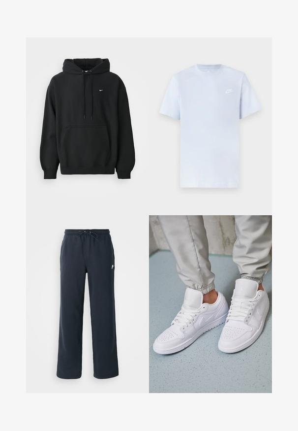 Schwarzer Nike Hoodie mit frontale Taschen, Kordelzugkapuze, gerippten Bündchen und kleinem weißen Nike Swoosh-Logo auf der Brust.; Hellblaue Baumwoll-T-Shirt mit kurzen Ärmeln, Rundhalsausschnitt und einem weißen Nike-Logo, das auf der linken Brust gedruckt ist. Glatte Textur, schlichtes Design.; Dunkelblaue Sweatpants mit einem elastischen Bund und Kordelzug. Hergestellt aus weichem Stoff, mit einem kleinen weißen Logo auf der linken Hüfte.; Weiße Ledersneaker mit perforierter Zehenbox, flachen Schnürsenkeln, gepolstertem Kragen und dem Jordan-Logo auf der Zunge. Getragen mit grauen Jogginghosen.