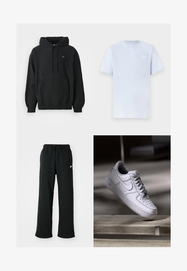 Čierna mikina Nike s predným vreckom, kapucňou so šnúrkou, patentnými manžetami a malým bielym logom Nike na hrudi.; Svetlomodré bavlnené tričko s krátkymi rukávmi, okrúhlym výstrihom a bielym logom Nike potlačeným na ľavej hrudi. Hladká textúra, jednoduchý dizajn.; Čierne tepláky vyrobené z mäkkej tkaniny, s elastickým pásom a nastaviteľnou šnúrkou, a malým logom na boku.; Biely kožený teniska Nike Air Force 1 má perforovanú špičku, ploché šnúrky a štruktúrovanú gumovú podrážku s nápisom „AIR“ na boku.