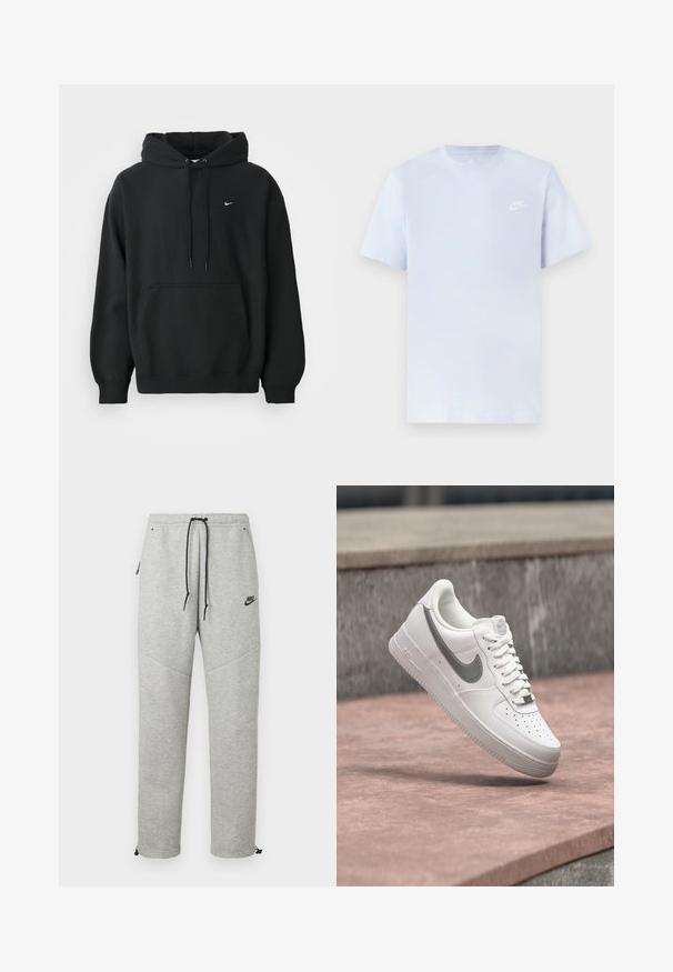 Zwarte Nike hoodie met een voorzak, een capuchon met trekkoord, ribgebreide manchetten en een klein wit Nike swoosh-logo op de borst.; Lichtblauwe katoenen t-shirt met korte mouwen, ronde hals en een wit Nike-logo gedrukt op de linkerborst. Glad textuur, eenvoudig ontwerp.; Grijze Nike trainingsbroek met een verstelbare tailleband, zijzakken en elastische boorden. Heeft een soepele textuur en contrasterende zwarte logo-details.; Witte Nike Air Force 1 sneaker met grijs swoosh-logo zwevend boven een stenen oppervlak en een grijze stenen muur op de achtergrond.