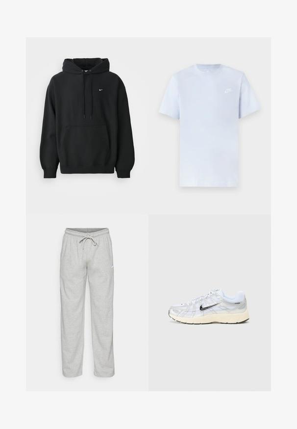 Μαύρη φούτερ Nike με μπροστινή τσέπη, κουκούλα με κορδόνι, ριχτές μανσέτες και μικρό λευκό λογότυπο Nike στο στήθος.; Ανοιχτό μπλε βαμβακερό μπλουζάκι με κοντά μανίκια, στρογγυλή λαιμόκοψη και λευκό λογότυπο Nike εκτυπωμένο στο αριστερό στήθος. Λείο υλικό, απλός σχεδιασμός.; Ανοιχτό γκρι φόρμες από απαλό ύφασμα. Διαθέτουν ελαστική ζώνη με κορδόνι και λογότυπο Nike σε μαύρο χρώμα στο αριστερό μηρό.; Λευκά διχτυωτά sneakers με ασημί λεπτομέρειες, μαύρο σήμα Nike, μαλακό κολάρο και υφασμάτινη σόλα. Διαθέτει επίπεδο σχεδιασμό για σταθερότητα.