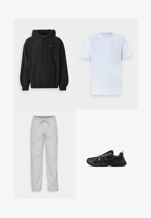 Sudadera negra de Nike con bolsillo frontal tipo canguro, capucha con cordón, puños acanalados y pequeño logo de Nike en blanco en el pecho.; Camiseta de algodón de color azul claro con mangas cortas, cuello redondo y un logo blanco de Nike impreso en el pecho izquierdo. Textura suave, diseño sencillo.; Pantalones de chándal gris claro hechos de una tela suave. Cuentan con una cintura elástica con cordón y el logo de Nike en negro en el muslo izquierdo.; Zapatilla deportiva negra con parte superior de malla, suela de goma y acentos texturizados. Presenta un diseño de cordones y un logotipo distintivo en el lateral.