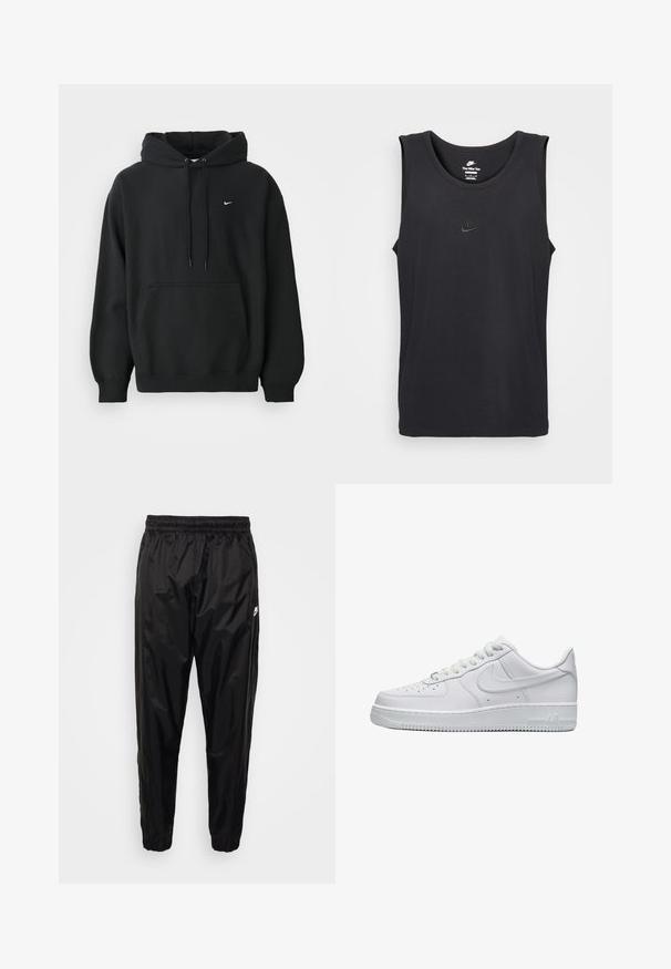 Schwarzer Nike Hoodie mit frontale Taschen, Kordelzugkapuze, gerippten Bündchen und kleinem weißen Nike Swoosh-Logo auf der Brust.; Schwarzes ärmelloses Nike-Tanktop aus Baumwolle, mit runder Ausschnittlinie und einem kleinen eingeprägten Logo auf der Brust. Glatter Stofftextur.; Schwarze Jogginghose aus leichtem, glänzendem Material mit elastischem Bund, schmalem Schnitt und Reißverschlusstaschen. Mit einem Logoakzent.; Ganz in Weiß gehaltener Low-Top Nike Air Force 1 Sneaker mit perforierter Zehenkappe, Schnürverschluss und geprägtem Nike-Swoosh an der Seite.