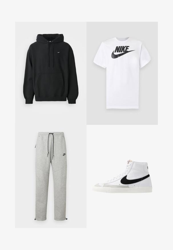 Sort Nike hoodie med frontlomme, snor i hætten, ribbede manchetter og lille hvid Nike swoosh-logo på brystet.; Hvid T-shirt med korte ærmer med sort Nike-logo og swoosh centreret på brystet mod en ensfarvet grå baggrund.; Grå Nike sweatpants med snøre i taljen, sidelommer og elastiske manchetter. Har en glat overflade og kontrastfarvet sort logo-detalje.; Hvide høje sneakers med et sort swoosh, struktureret grå tåhætte og flad hvid sål. Har seks snørrehuller og syede detaljer.