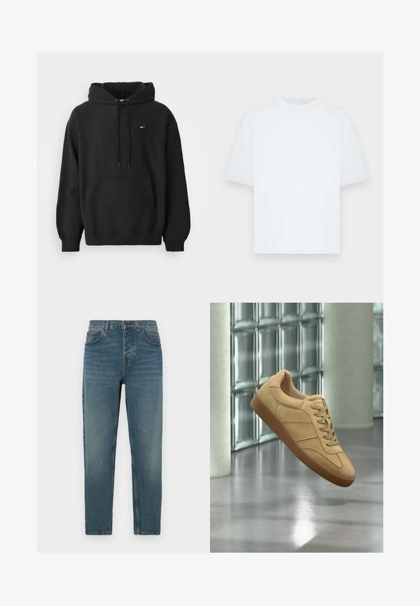 Musta Nike huppari, jossa on edessä tasku, naruhuppu, ribbireunat käsivarsissa ja pieni valkoinen Nike-swoosh-logo rinnassa.; Vaaleansininen lyhythihainen puuvillainen t-paita, jossa on pyöreä kaula-aukko. Rinnassa pieni valkoinen Jordan-logo.; Siniset denim-farkut, joissa on suoralahkeinen malli, haalistunut pinta, viiden taskun tyyli ja metallinen nappikiinnitys vyötäröllä.; Beigenvärinen mokkanahkainen tennari kumipohjalla, nauhallinen malli, leijuu sisätiloissa kiillotetun betonilattian päällä lähellä lasiharkkoseinää.
