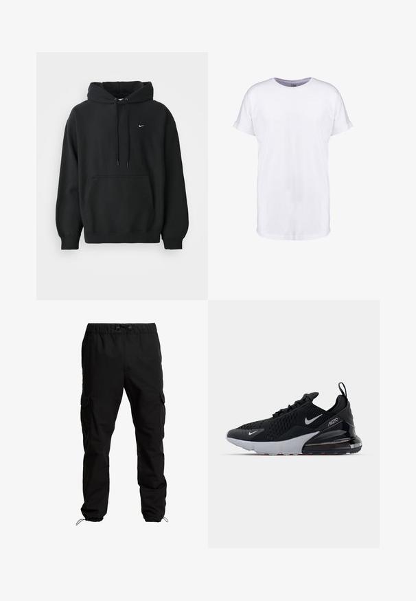 Sort Nike hoodie med frontlomme, snor i hætten, ribbede manchetter og lille hvid Nike swoosh-logo på brystet.; Neutral hvid kortærmet t-shirt med op rullede ærmekanter og rund halsudskæring, vist på en hvid baggrund.; Sorte cargobukser lavet af slidstærkt stof, med elastisk talje, justerbare snore og sidelommer med klaplukninger.; Sort atletiksko med mesh-overdel, hvid sål og synlig luftdæmpning i hælen. Slank design med diskrete sølvdetaljer.