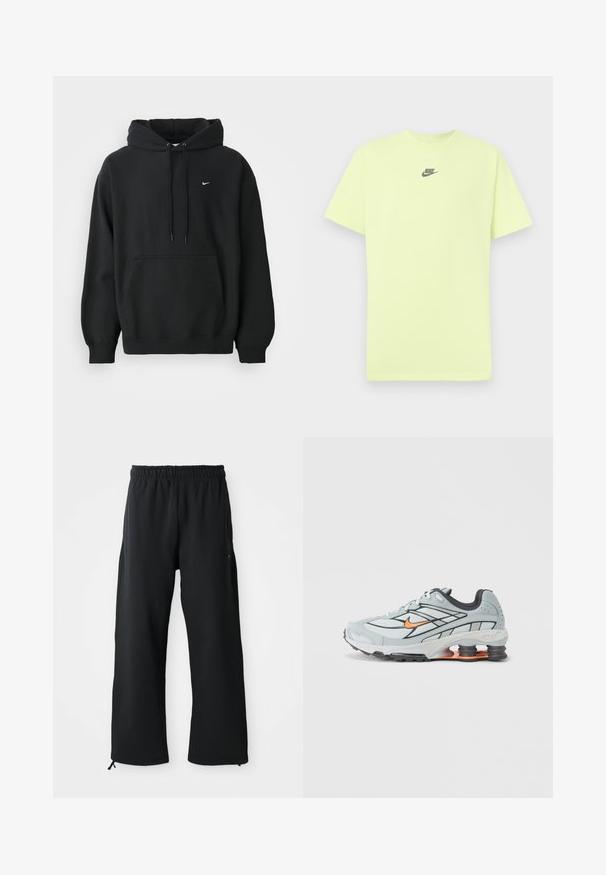 Schwarzer Nike Hoodie mit frontale Taschen, Kordelzugkapuze, gerippten Bündchen und kleinem weißen Nike Swoosh-Logo auf der Brust.; Lindgrünes kurzärmeliges T-Shirt aus Baumwolle mit einem kleinen schwarzen Nike-Logo in der Mitte der Brust. Glatte Textur, Rundhalsausschnitt.; Schwarze weit geschnittene Hose aus weichem Stoff, mit elastischem Bund und Kordelzug, seitlichen Taschen und glatter Textur.; Hellgrauer Laufschuh mit schwarzen Akzenten, orangefarbenem Logo, Mesh-Obermaterial, gepolstertem Schaft und Gummisohle mit sichtbaren stoßdämpfenden Einheiten.