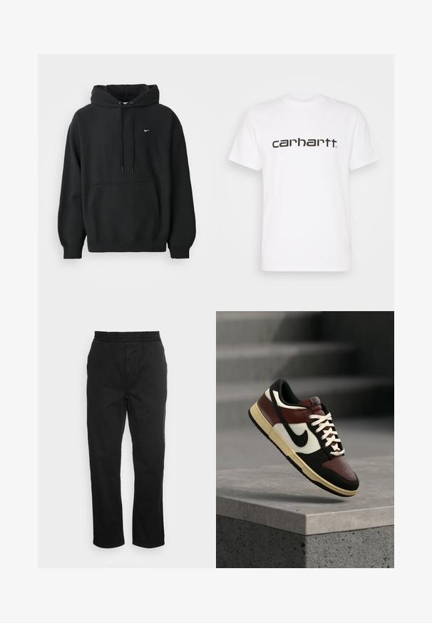 Sort Nike hoodie med frontlomme, snor i hætten, ribbede manchetter og lille hvid Nike swoosh-logo på brystet.; Hvid bomulds t-shirt med korte ærmer og rund halsudskæring. Har et stort "carhartt" logo i mørkebrun på tværs af brystet.; Sorte bomuldsbukser med elastisk talje, lige ben og sidelommer. Glat tekstur uden mønstre eller accenter.; Low-top Nike sneaker i sort, brun, hvid og creme, placeret i luften over en betonafdækning med trapper i en sløret baggrund.