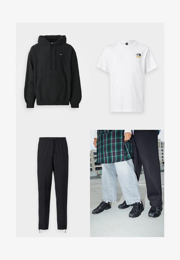 Zwarte Nike hoodie met een voorzak, een capuchon met trekkoord, ribgebreide manchetten en een klein wit Nike swoosh-logo op de borst.; Wit T-shirt met korte mouwen en ronde hals, met een klein zwart-goud North Face 1990-logo op de linkerborst.; Zwarte, lichtgewicht sportbroek met een elastische tailleband en trekkoord, voorzien van taps toelopende pijpen en ritsen bij de enkels voor verstelbaarheid.; Zwarte sportieve schoenen met mesh- en rubberaccenten. Draagt een lichtgrijze wijde spijkerbroek en een groen geruit shirt. Effen achtergrond.