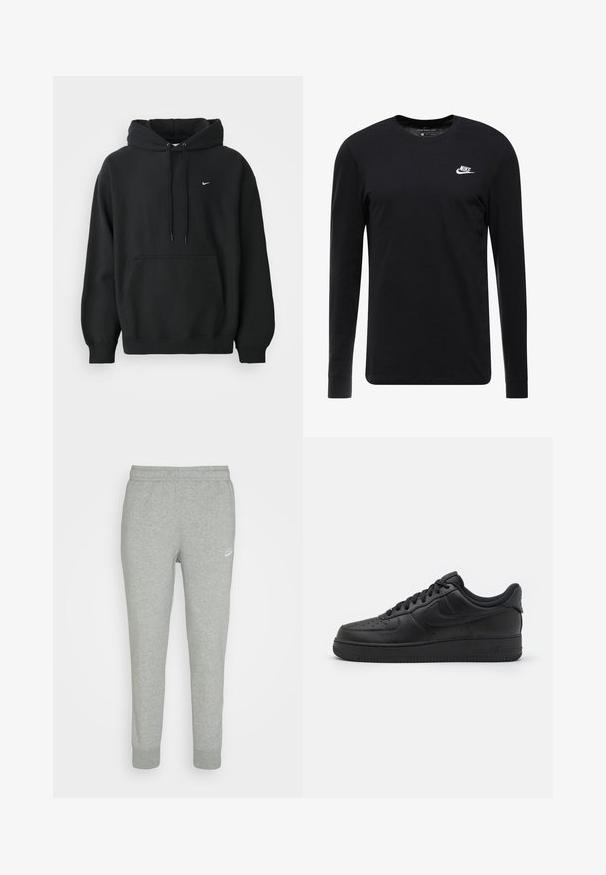 Sudadera negra de Nike con bolsillo frontal tipo canguro, capucha con cordón, puños acanalados y pequeño logo de Nike en blanco en el pecho.; Camiseta negra de manga larga de algodón, con cuello redondo, puños acanalados y un pequeño logo blanco de Nike en el pecho.; Pantalones de chándal grises hechos de una tela suave, con un diseño de pierna ajustada, cinturilla elástica y pequeño logo blanco de Nike en el muslo izquierdo.; Nike Sportswear AIR FORCE 1 07 FLYEASE - Zapatillas - black