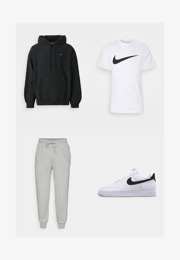 Sudadera negra de Nike con bolsillo frontal tipo canguro, capucha con cordón, puños acanalados y pequeño logo de Nike en blanco en el pecho.; Camiseta de algodón blanca con un prominente logo negro de Nike Swoosh en el pecho. Mangas cortas y cuello redondo.; Pantalones jogger de forro polar gris con cintura elástica, cordón ajustable y puños en los bajos. Presentan un pequeño logo blanco en el lado izquierdo.; Zapatilla blanca de cuero con un Swoosh negro texturizado, cordones planos y una suela de goma con un patrón estriado. "AIR" está grabado en el talón.