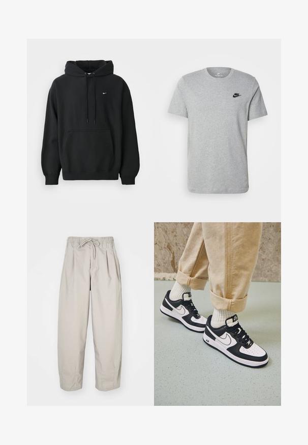Čierna mikina Nike s predným vreckom, kapucňou so šnúrkou, patentnými manžetami a malým bielym logom Nike na hrudi.; Sivý krátky rukáv T-shirt vyrobený z bavlny, s čiernym logom Nike na hrudi a okrúhlym výstrihom. Minimalistický dizajn bez vzorov.; Béžové, ľahké nohavice s elastickým pásom a šnúrkou na stiahnutie. Obsahujú plisovanie a voľný strih, vyrobené z mäkkej, hladkej tkaniny.; Čierno-biele tenisky Nike Air Force 1 s koženým zvrškom, perforovanou špičkou a textúrovanou podrážkou, kombinované s ohrnutými béžovými nohavicami a bielymi ponožkami.