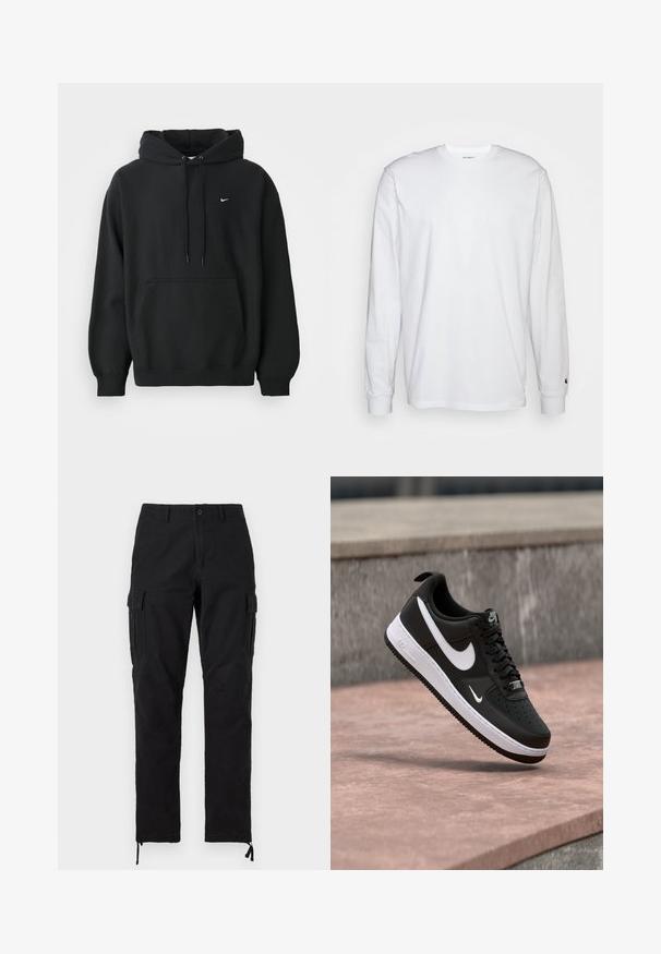 Čierna mikina Nike s predným vreckom, kapucňou so šnúrkou, patentnými manžetami a malým bielym logom Nike na hrudi.; Biela dlhá bavlnená tričko s dlhým rukávom. Dizajn s okrúhlym výstrihom a rebrovanými manžetami, malá nášivka na ľavom rukáve. Hladká textura.; Čierne cargo nohavice s rovnými nohavicami, predným gombíkom a zipsom, bočnými vreckami s klopami, pútkami na opasok a nastaviteľnými šnúrkami na členku.; Čierno-biely teniska Nike Air Force 1 visiaca nad ružovým betónovým povrchom s pozadím zo sivého kameňa.