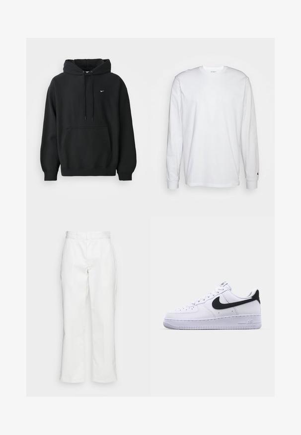 Μαύρη φούτερ Nike με μπροστινή τσέπη, κουκούλα με κορδόνι, ριχτές μανσέτες και μικρό λευκό λογότυπο Nike στο στήθος.; Λευκό μπλουζάκι με μακριά μανίκια από βαμβάκι. Σχέδιο crew neck με ριμπ μανίκια και μικρό λογότυπο στο αριστερό μανίκι. Λείος υφάνσεις.; Λευκό βαμβακερό παντελόνι με ίσια γραμμή, τρύπες ζώνης και πλάγιες τσέπες, με λεία υφή και ελάχιστες λεπτομέρειες.; Λευκό δερμάτινο αθλητικό παπούτσι με υφή μαύρου Swoosh, επίπεδα κορδόνια και καουτσούκ σόλα με ραβδωτό σχέδιο. Η λέξη "AIR" είναι ανάγλυφη στην φτέρνα.