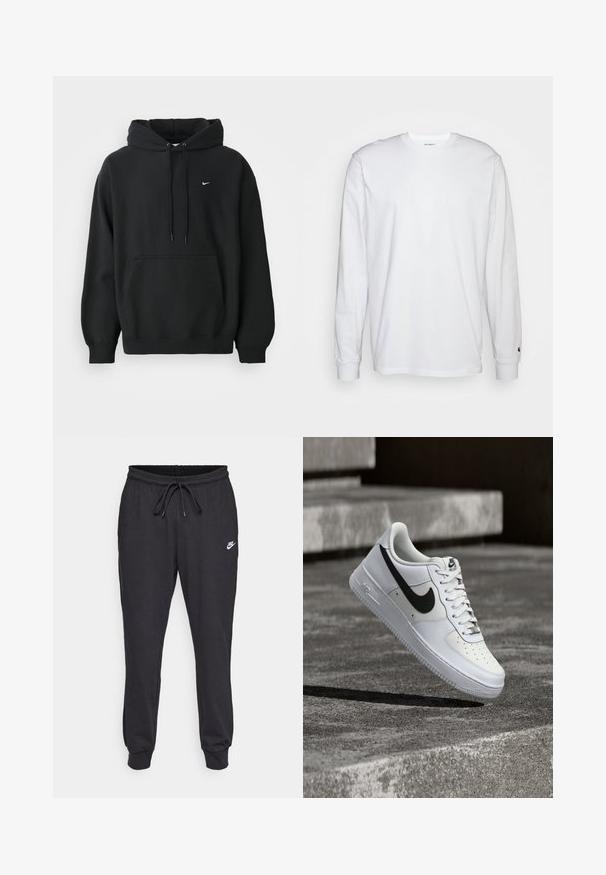Sort Nike hoodie med frontlomme, snor i hætten, ribbede manchetter og lille hvid Nike swoosh-logo på brystet.; Hvid langærmet T-shirt lavet af bomuld. Rund halsudskæring med ribbede manchetter og et lille logo på venstre ærme. Glat tekstur.; Sorte sweatpants lavet af en bomuldsblanding, med en elastisk talje med snor, ribbede ankler og et hvidt Nike-logo på låret.; Hvid Nike Air Force 1-sneaker med sort swoosh, snørebånd bundet, placeret i luften over tekstureret betonoverflade udendørs.