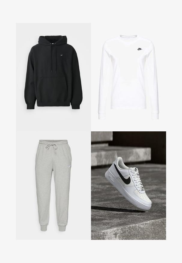 Sudadera negra de Nike con bolsillo frontal tipo canguro, capucha con cordón, puños acanalados y pequeño logo de Nike en blanco en el pecho.; Camiseta blanca de manga larga hecha de algodón, con un pequeño logo negro de Nike en el lado izquierdo del pecho y un escote redondeado. Textura suave.; Pantalones jogger de forro polar gris con cintura elástica, cordón ajustable y puños en los bajos. Presentan un pequeño logo blanco en el lado izquierdo.; Zapatilla blanca Nike Air Force 1 con el logo Swoosh negro, cordones atados, posicionada en el aire sobre una superficie de concreto texturizado al aire libre.