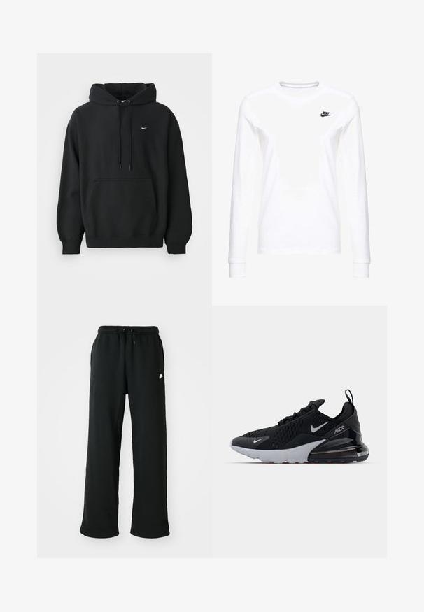 Sort Nike hoodie med frontlomme, snor i hætten, ribbede manchetter og lille hvid Nike swoosh-logo på brystet.; Hvid langærmet T-shirt lavet af bomuld, med et lille sort Nike-logo på venstre bryst og en rund halsudskæring. Glat tekstur.; Sorte joggingbukser lavet af blødt stof, med elastisk talje og justerbar snøring samt et lille logoakcent på siden.; Sort atletiksko med mesh-overdel, hvid sål og synlig luftdæmpning i hælen. Slank design med diskrete sølvdetaljer.