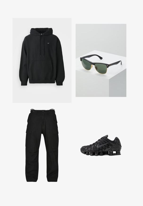Sort Nike hoodie med frontlomme, snor i hætten, ribbede manchetter og lille hvid Nike swoosh-logo på brystet.; Sorte cargo bukser lavet af slidstærkt stof. Har flere lommer, en afslappet pasform og lynlås med knaplukning. Forstærket syninger ved sømmene.; Sorte atletikskoser lavet af mesh og syntetiske materialer, med et karakteristisk bølget design, sort gummisål og reflekterende detaljer.; Ray-Ban solbriller med grønne linser, sorte plastikstel og gyldne detaljer ved kanterne. Firkantet form med mat finish.