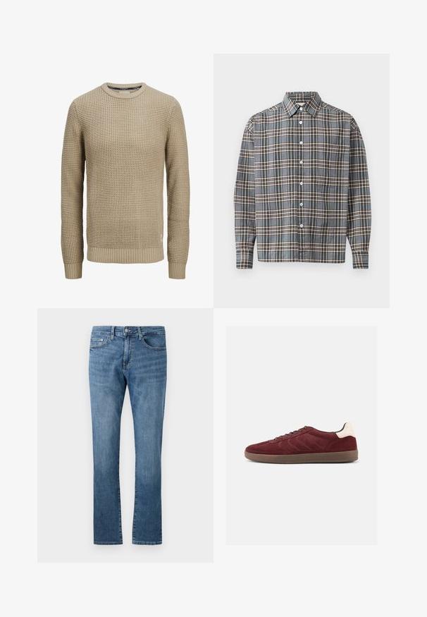 Beige langærmet strikket sweater med tekstureret vaffelmønster, rund halsudskæring samt ribstrikkede manchetter og kant.; Langærmet skjorte med knaplukning i blå, brun og beige ternet mønster og en brystlomme på en lys baggrund.; Straight-leg blå denim jeans med klassisk fem-lomme design og knaplukning, vist mod en hvid baggrund.; Bordeaux ruskindsneaker med snørelukning foran, tekstureret sideudformning og lysfarvet hælaccents. Gummisål med glat finish.
