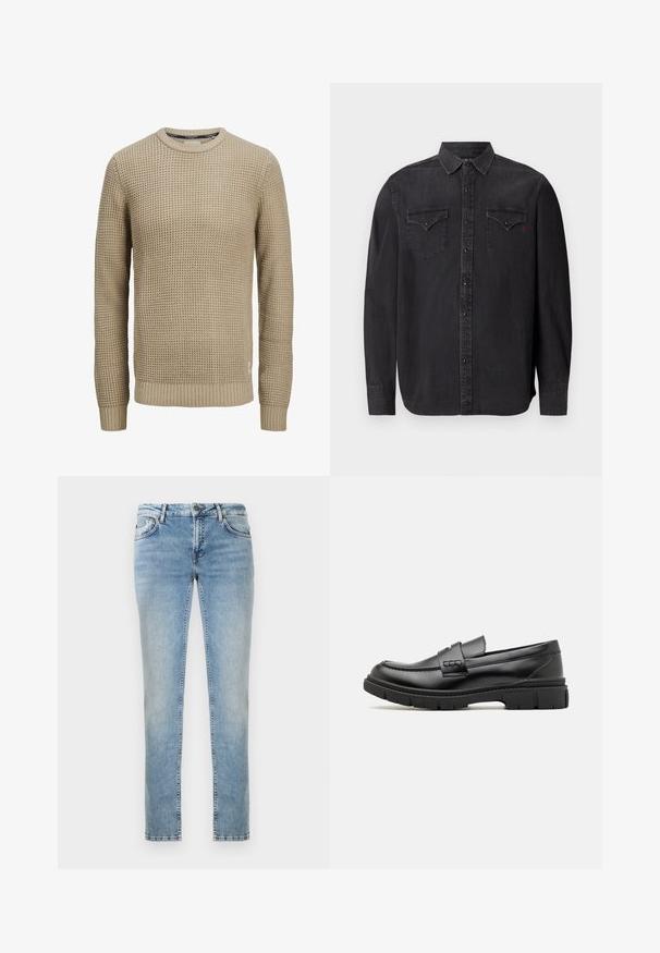 Beige langærmet strikket sweater med tekstureret vaffelmønster, rund halsudskæring samt ribstrikkede manchetter og kant.; Langærmet sort denimskjorte med klassisk krave, trykknaplukninger, to brystlommer og en subtil rød logo-detail.; Lyseblå denimjeans med lige ben, der har en falmet finish, forlommer og kontrasterende syninger. Rene kanter ved kanten.; Sort læder loafersko med en bred rem over forfoden, gummisål med tykke mønstre og glat overflade. Klassisk, slankt design.