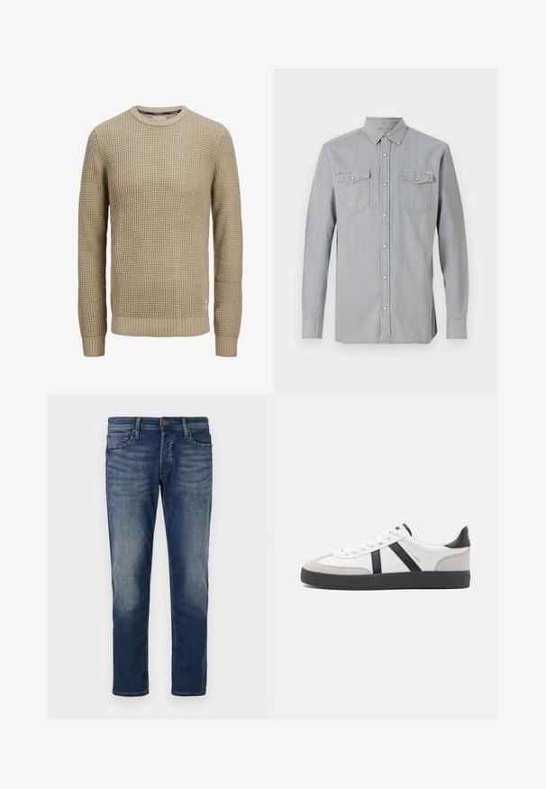 Beige langærmet strikket sweater med tekstureret vaffelmønster, rund halsudskæring samt ribstrikkede manchetter og kant.; Lysegrå langærmet denimskjorte med knappet front, to brystlommer med klapper og knapper samt en spids krave.; Mørkeblå denimjeans med klassisk pasform, fem-lommer design, subtilt slid på lårene og lige ben. Metalknaplukning.; Hvide sneakers med sorte og grå detaljer, med en tekstureret grå tåhætte, sort gummisål og flade hvide snørebånd. Rent design, minimalistisk stil.