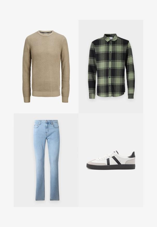 Jersey beige de punto de manga larga con patrón texturizado tipo gofre, cuello redondo y puños y dobladillo acanalados.; Camisa de cuadros en verde oscuro y negro con botones, de manga larga, que presenta un collar clásico y botones azules. Tejido suave y texturizado.; Jeans de mezclilla azul claro acampanados con cintura de altura media, cinco bolsillos y costuras en contraste. Textura suave con un ajuste clásico.; Zapatilla blanca con acentos en negro y gris, que presenta una puntera texturizada en gris, suela de goma negra y cordones planos blancos. Diseño limpio, estilo minimalista.