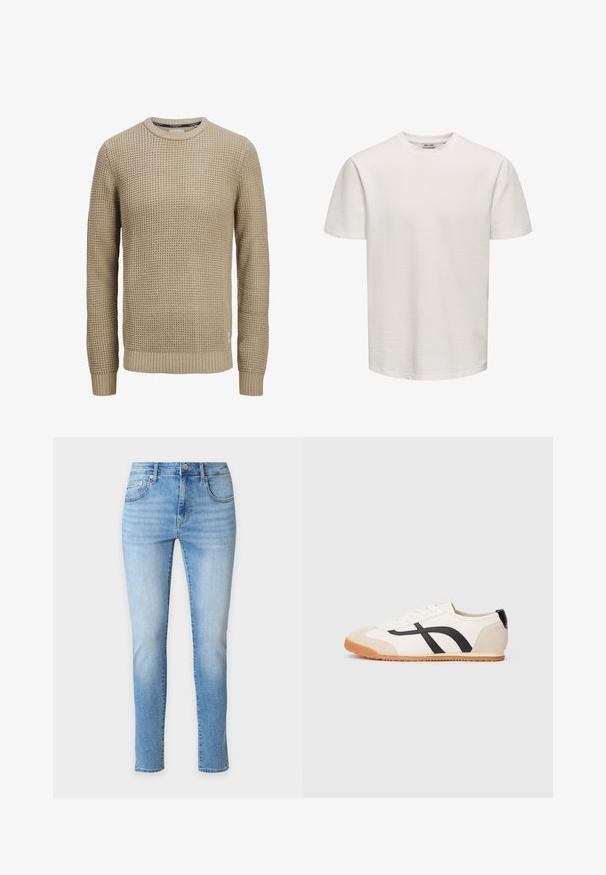 Beige gebreide trui met lange mouwen en een textuur van wafelpatroon, ronde halslijn en geribbelde manchetten en zoom.; Effen wit, kort mouw, gestructureerd T-shirt met ronde hals, getoond op een egale achtergrond, zonder zichtbare logo's of ontwerpen.; Lichtblauwe slim-fit jeans met voor- en achterzakken, knoopsluiting en subtiele vervaging op de dijen en knieën.; Witte lage sneaker met beige accenten op de teen en hiel, zwarte gebogen zijstrepen, witte veters en een gum rubberen zool, getoond in linker zijaanzicht.
