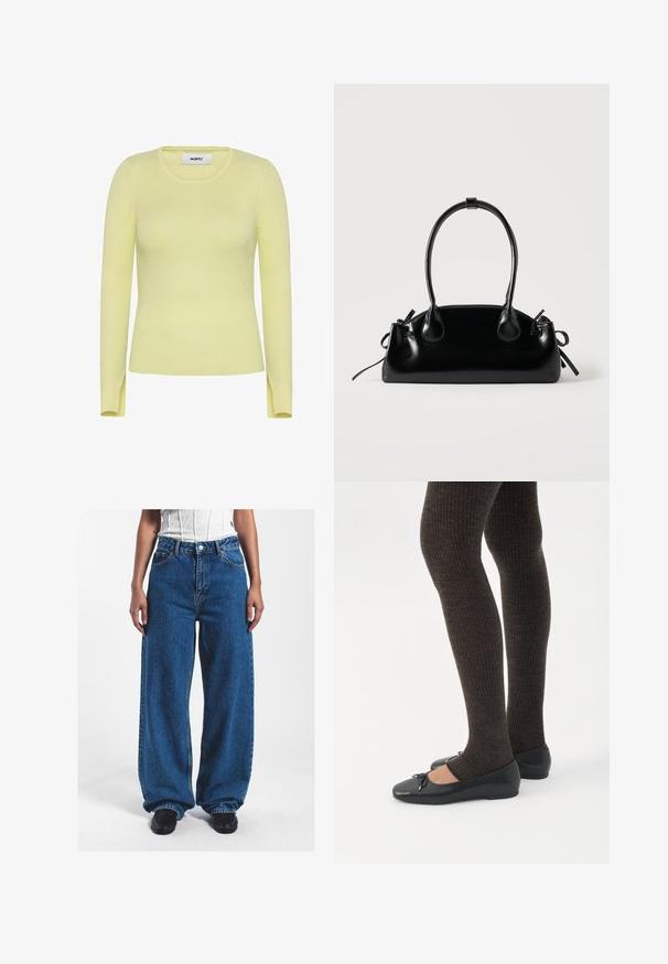 Ribbet langærmet sweater i lys gul med rund hals og slidser i siden ved kanten. Lavet af et strækbart, tekstureret stof.; Bredde ben blå denimbukser med høj talje, med knaplukning, forlommer og en let falmet tekstur.; Ben iført mørke ribbede leggings kombineret med sorte balletsko med små sløjfedetaljer på hvid baggrund.; Lille sort blank håndtaske med to lange håndtag og snøre-detaljer i siden på en ensfarvet lys baggrund.