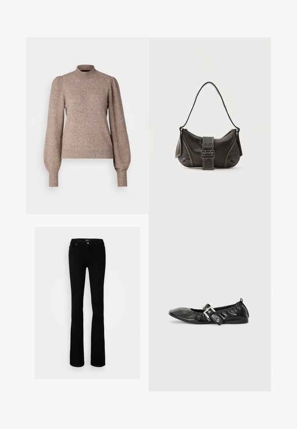 Gebreide pullover trui in lichtbruin, met een hoge halslijn, opgeblazen lange mouwen en geribbelde manchetten en zoom. Zachte, gestructureerde stof.; Zwarte stretch denim flared jeans met knoopsluiting, vier zakken en een gladde textuur, ontworpen voor een getailleerd silhouet.; Zwarte leren platte schoen met een spitse neus, geplooide details rond de opening en een zilveren gespaccentueerde verstelbare band.; Zwarte leren schoudertas met gespsluiting aan de riem, afgeronde hoeken en contrasterende witte stiksels op een effen achtergrond.