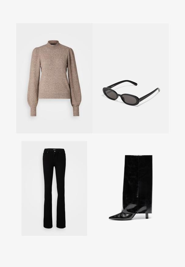 Gebreide pullover trui in lichtbruin, met een hoge halslijn, opgeblazen lange mouwen en geribbelde manchetten en zoom. Zachte, gestructureerde stof.; Zwarte stretch denim flared jeans met knoopsluiting, vier zakken en een gladde textuur, ontworpen voor een getailleerd silhouet.; Zwarte leren enkelboot met puntschoen en blokhak, met een hoge, glanzende schacht en een gestructureerde afwerking op het onderste gedeelte.; Even&Odd Zonnebril - black