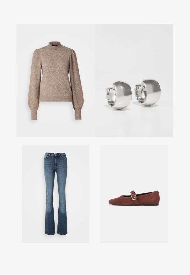 Strikpullover i lysebrun, med høj hals, puffede lange ærmer og ribbestrikkede mansjetter og kant. Blødt, tekstureret stof.; Bootcut jeans lavet af blåt denim. Har en mid-rise talje, fem lommer, diskrete syninger og et let falmet udseende på benene.; Brun ruskind Mary Jane-flad sko med en guldspænde og sort sål på hvid baggrund.; Uncommon Matters SCULPTURAL LARGE CREOLE - Øreringe - silver-coloured