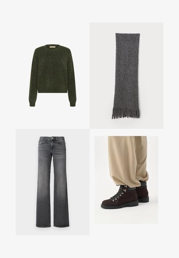 Pull en tricot vert à manches longues, encolure ronde et design court. La texture semble douce et présente un motif chiné subtil.; Jean en denim gris foncé à jambe droite avec une légère décoloration sur les cuisses et un design standard à cinq poches sur fond blanc.; Bottes de randonnée en suede marron avec des semelles en caoutchouc noir, œillets en métal et lacets. Associées à un pantalon large beige, montrant la moitié inférieure de la tenue.; Écharpe grise avec une texture douce et des bords frangés, posée à plat sur un fond blanc.