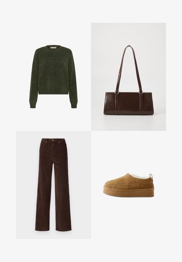 Grüner gestrickter Pullover mit langen Ärmeln, rundem Ausschnitt und einem kurzen Design. Die Textur wirkt weich und hat ein dezentes Melange-Muster.; Vero Moda VMTESSA WIDE PANTS - Stoffhose - chocolate torte; Braune Wildleder-Slipper mit einem pelzigen Futter, runder Zehenpartie und einer dicken, geriffelten Plattformsohle. Mit dekorativen Nähten und einer Schlaufe hinten.; Braune Lackleder-Handtasche in rechteckiger Form, mit zwei langen Griffen und subtilen, geschwungenen Akzenten auf der Vorderseite.