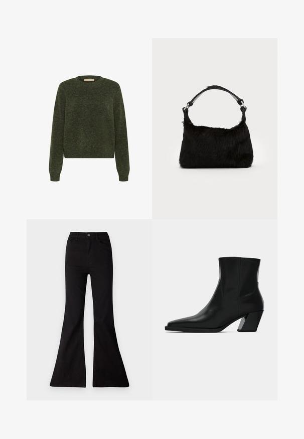 Grøn strikket sweater med lange ærmer, rund halsudskæring og en cropped design. Teksturen virker blød og har et subtilt meleret mønster.; Sorte flared jeans lavet af denim, med høj talje, forlommer og en stor åbning ved kanten for en vid benlængde.; Sortlæder ankelstøvle med spids tå, en slank silhuet og en kraftig firkantet hæl. Glat tekstur med minimale stikninger.; Sort faux fur håndtaske med en blød tekstur, rund form og en robust skulderrem i sort læder. Synlige sølvhardware-detaljer.