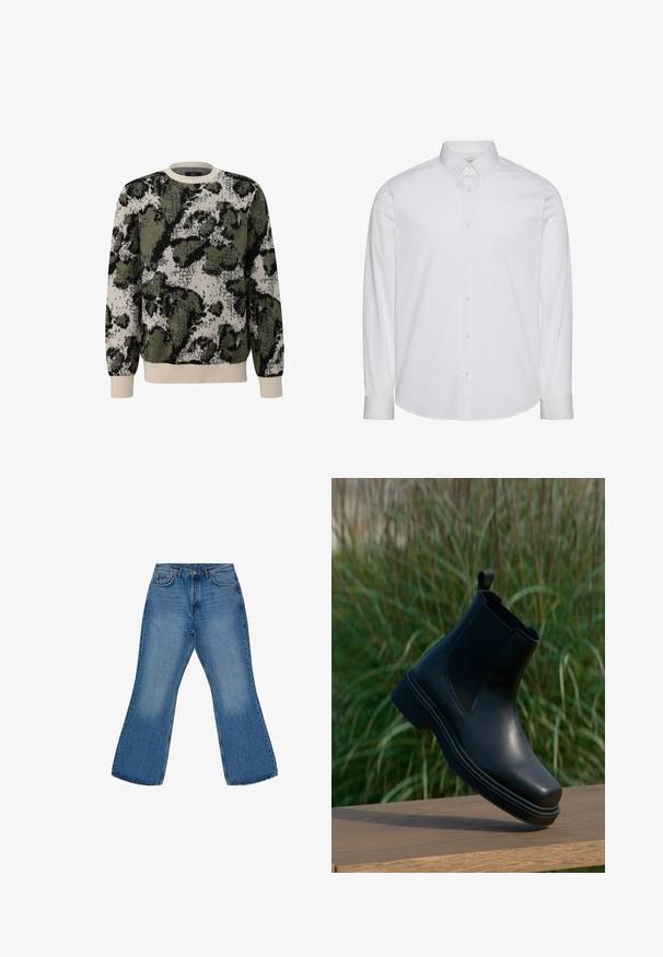 Sudadera de cuello redondo con un patrón de camuflaje abstracto en verde, negro y beige, que presenta puños y dobladillo acanalados.; Camisa blanca de manga larga con botones, hecha de algodón. Presenta un cuello estándar, tapeta frontal con botones y dobladillo redondeado. Logo de la marca discreto.; Jeans de mezclilla azul claro de pierna ancha con una cintura de altura media, diseño de cinco bolsillos y áreas desgastadas en la parte delantera, destacando un look casual.; Botín Chelsea de piel negra con lados elásticos, punta redondeada, tacón bajo y una lengüeta en la parte posterior, sobre un fondo verde difuminado.